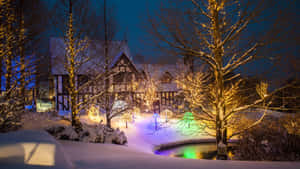 Cabin In The Snowy Woods Cool Christmas Wallpaper