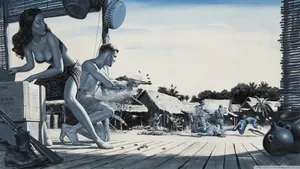 Caption: Enthralling Epic Battle Under A Thunderous Sky Wallpaper