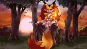 Caption: Majestic Delphox On Mystical Background Wallpaper