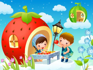 Cartoon Girl Selling Fruits Wallpaper