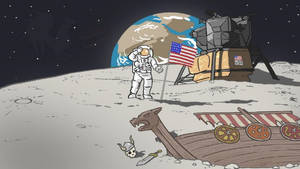 Cartoon Viking Ship And Astronaut Wallpaper