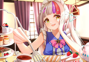 Charming Hololive Virtual Youtuber Enjoying Desserts Wallpaper