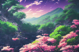 Cherry Blossoms Anime Scenery Mountain Wallpaper