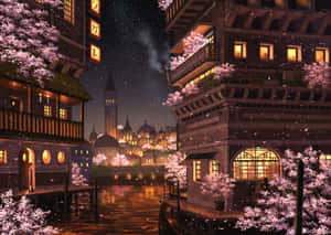 Cherry Blossoms Anime Scenery Night Buildings Wallpaper