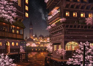 Cherry Blossoms Anime Scenery Night Buildings Wallpaper