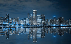 Chicago Skyline In Blue Lights Wallpaper