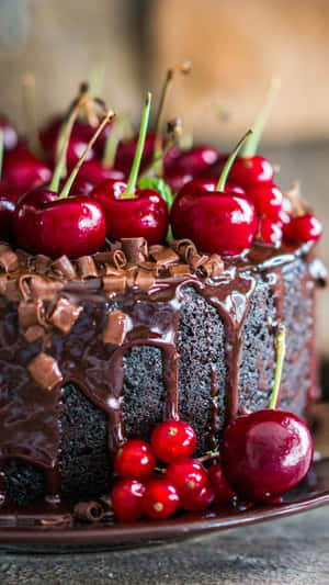 Chocolate Cake With Cherries Dessert Iphone Wallpaper