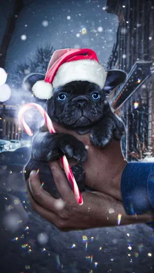 Christmas Dog With Candy Cane Wallpaper