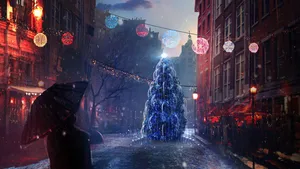 Christmas Eve Silhouette With Umbrella Wallpaper