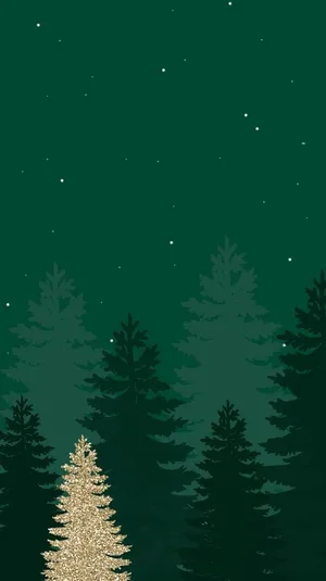 Christmas Pine Trees On Starry Dark Green Wallpaper