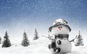Christmas Snowman Pine Trees Wallpaper