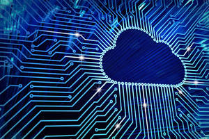 Cloud Storage Icon On Dark Blue Circuit Board Wallpaper