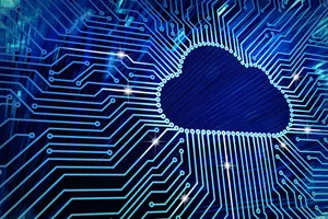 Cloud Storage Icon On Dark Blue Circuit Board Wallpaper