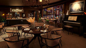 Coffee Shop With Piano Wallpaper