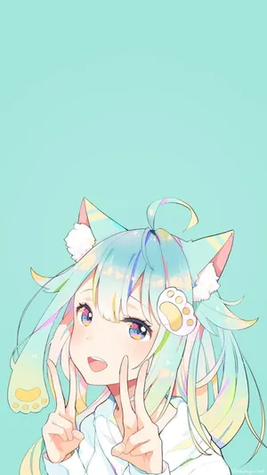 Colorful Anime Neko Girl Peace Sign Wallpaper