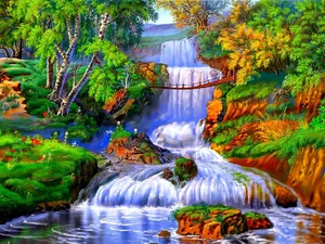 Colorful Forest Beautiful Waterfall Wallpaper