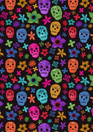 Colorful Sugar Skulls And Flowers On Black Background Wallpaper