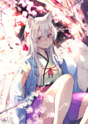 Cool Anime Fox Sitting By A Tree Wallpaper