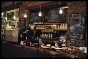 Cozy Interior Of A Modern Coffee Shop Wallpaper