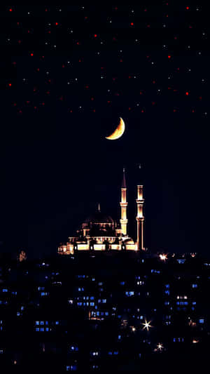 Crescent Moon Over Mosque Night Sky Wallpaper