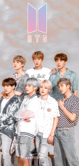 Cute Bts Group Posing Under Bts Logo Wallpaper