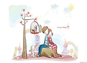 Cute Cartoon Couple On Stump Wallpaper