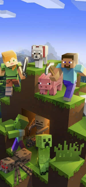 Cute Cartoon Minecraft Character Standing In Front Of A Colorful Landscape Wallpaper