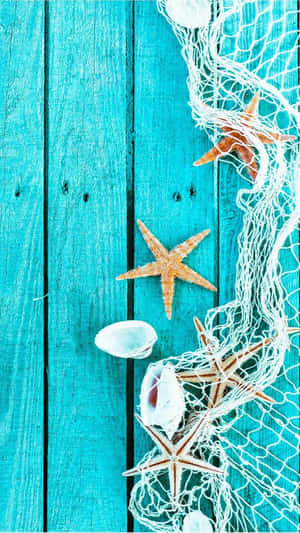 Cute Iphone Teal With Starfish And Seashells Wallpaper