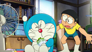 Cute Nobita And Doraemon Frustrated Wallpaper