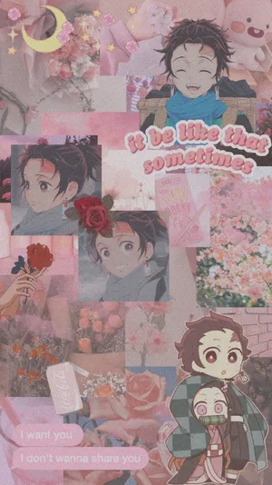 Cute Pink Themed Tanjiro Aesthetic Wallpaper