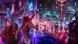 Cyberpunk Laptop With People With Blades Wallpaper