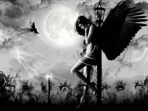 Dark Angel With Full Moon Wallpaper