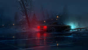 Dark Night Sedan Car At Parking Lot Wallpaper