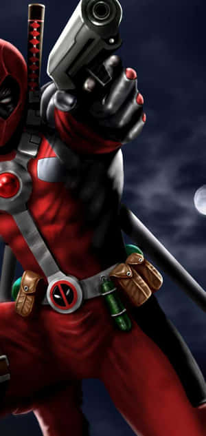 Deadpool Holding Gun In Left Hand Wallpaper