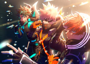 Deku And Todoroki, Ready To Enter The Battlefield In Their Superhero Costumes. Wallpaper