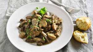 Delicious Russian Beef Stroganoff With Mushrooms Wallpaper