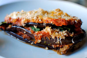 Deliciously Healthy Lower Fat Cheesy Aubergine Parmigiana. Wallpaper