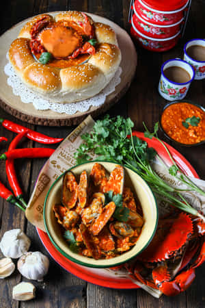 Delightful Mouth-watering Chilli Crab And Giant Mussels Wallpaper