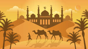 Desert Caravan Silhouette Mosque Background Wallpaper