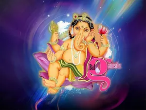 Devotional Art Of Bal Ganesh On Purple Lotus Wallpaper
