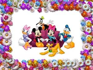 Disney Characters On A Pink Sofa Wallpaper