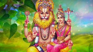 Divine Illustration Of Goddess Lakshmi And Lord Narasimha Wallpaper