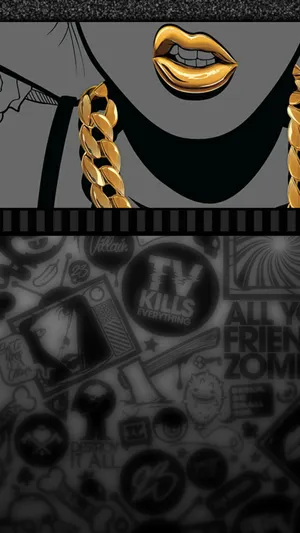 Dope Trippy Black And Gold Lips Wallpaper
