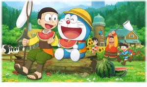 Doraemon And Nobita Watermelons Wallpaper