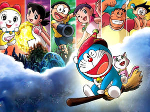 Doraemon Flying With Broomstick Wallpaper
