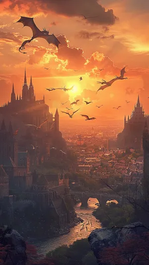 Dragons_ Sunset_ Fantasy_ Kingdom Wallpaper