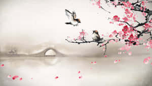 Drawing Desktop With Birds On Tree Wallpaper