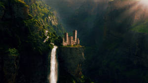 Dreamy Fairy Castle With A Waterfall At The Foot Wallpaper