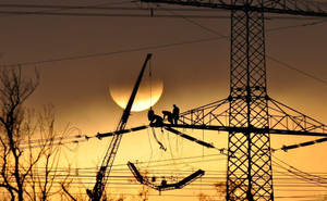 Electricians On A Pylon Electric Tower Wallpaper