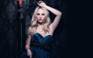 Elegant Caroline Forbes In Blue Gown Wallpaper